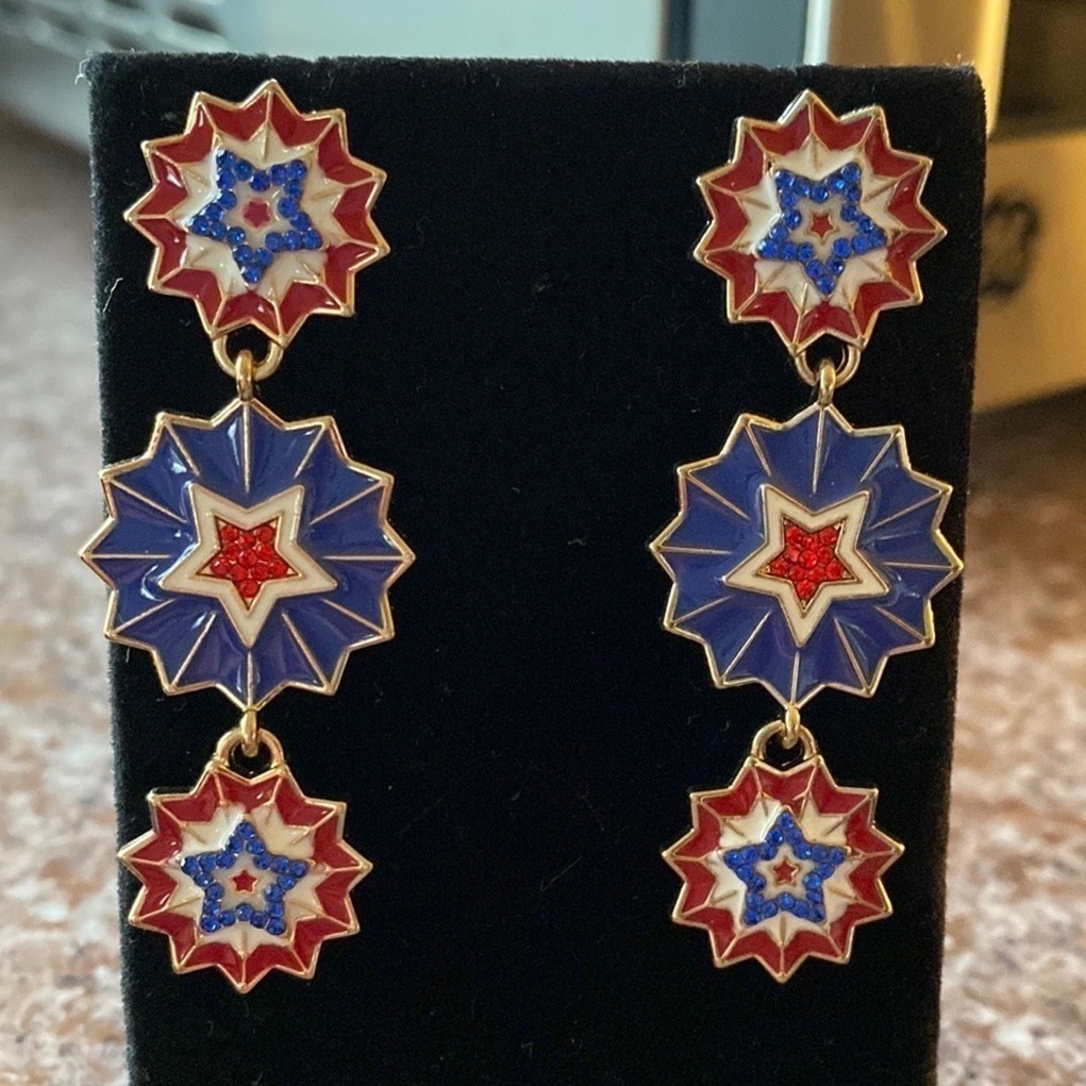 GOLD and enamel American patriotic fireworks circle post dangle drop earrings